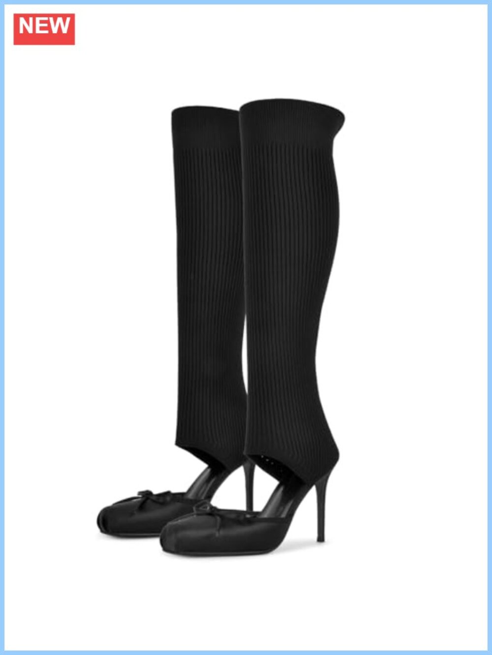 Satin Ballet Heel Sock Boots Ribbed Knit Knee High Stiletto Bow